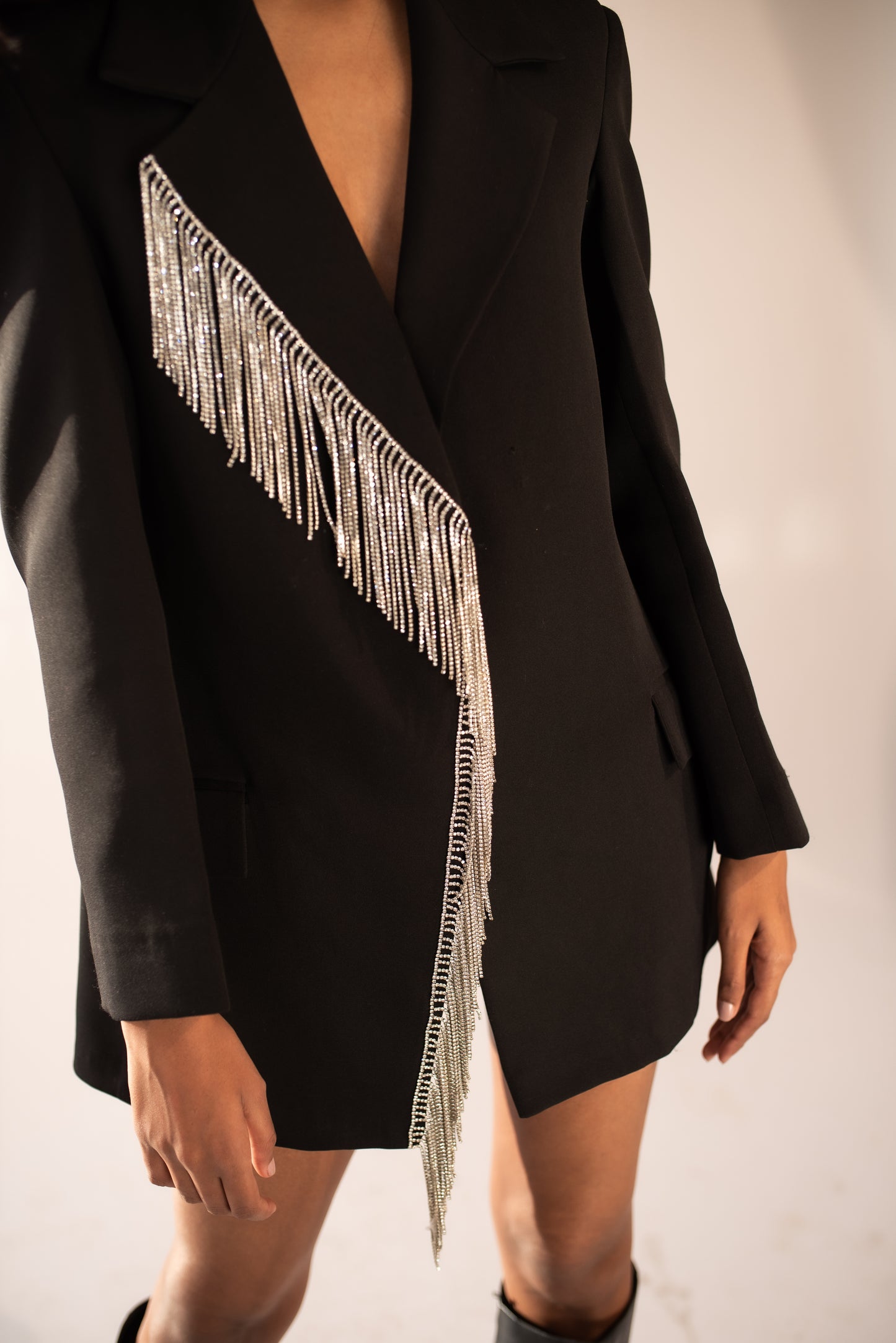 Mini blazer dress with rhinestone chain detailing