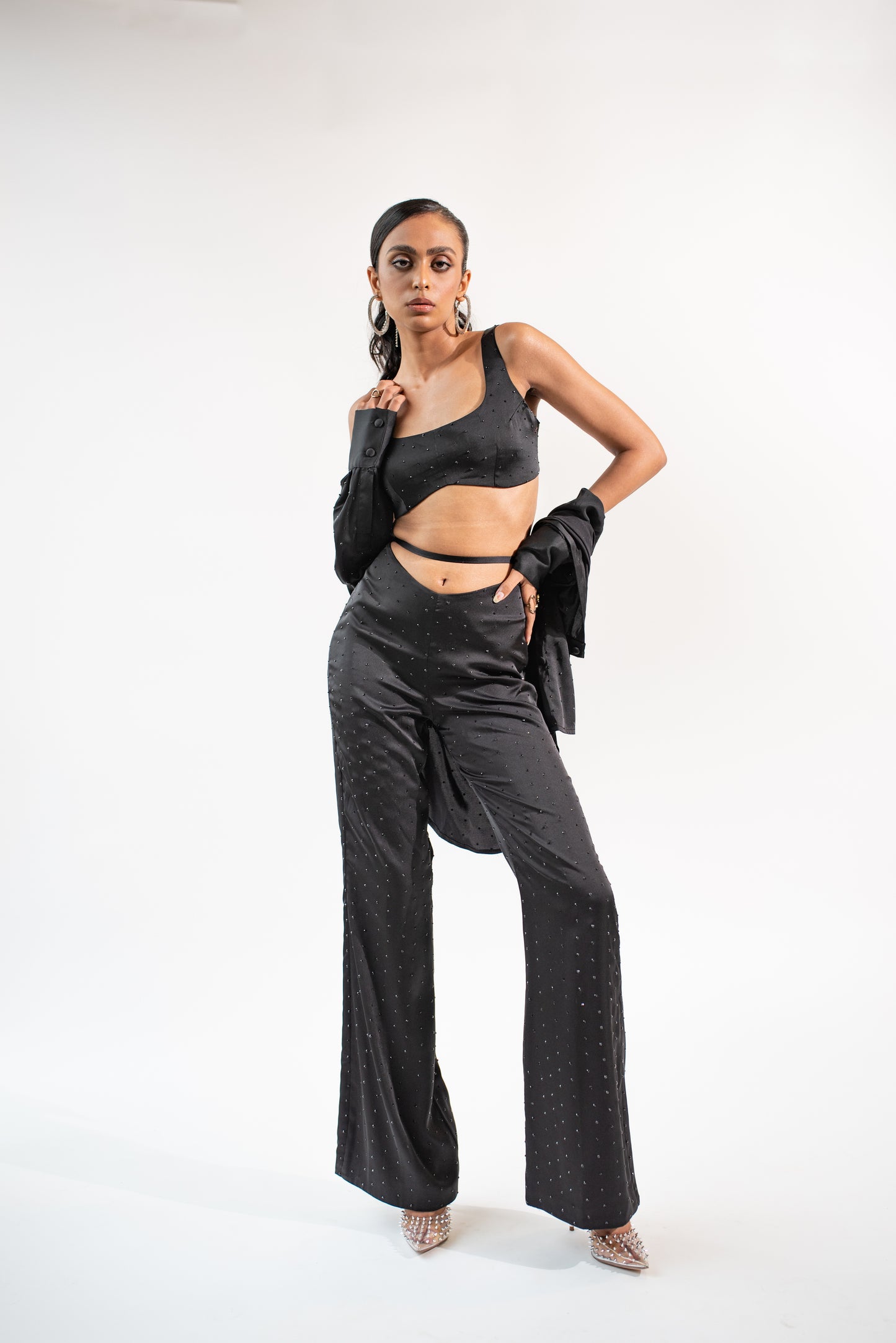 Bejewelled satin high-waisted trousers