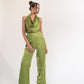 Cowl neck backless satin jumpsuit