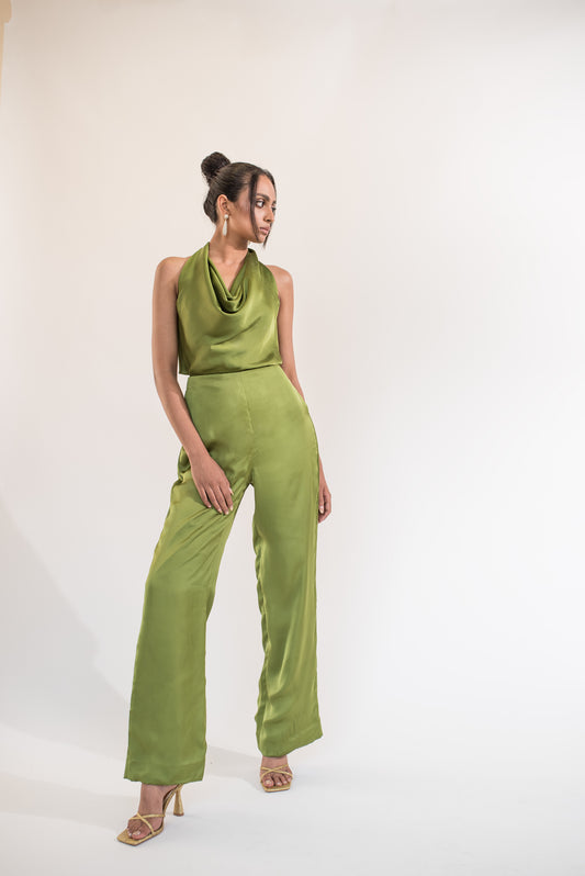 Cowl neck backless satin jumpsuit