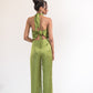 Cowl neck backless satin jumpsuit