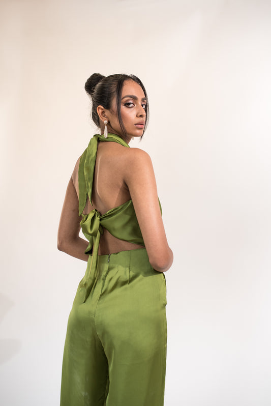 Cowl neck backless satin jumpsuit