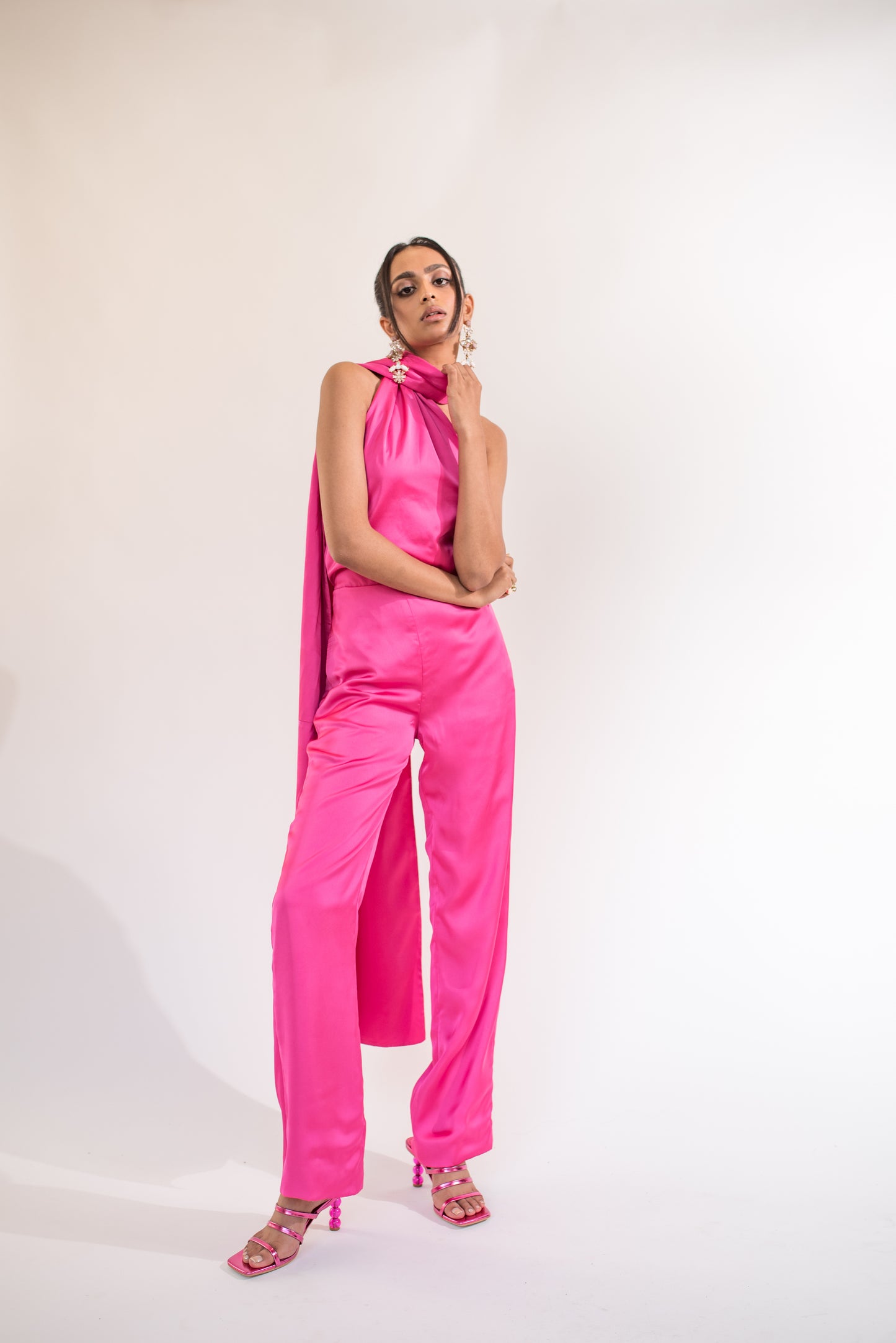 Scarf detail backless satin jumpsuit