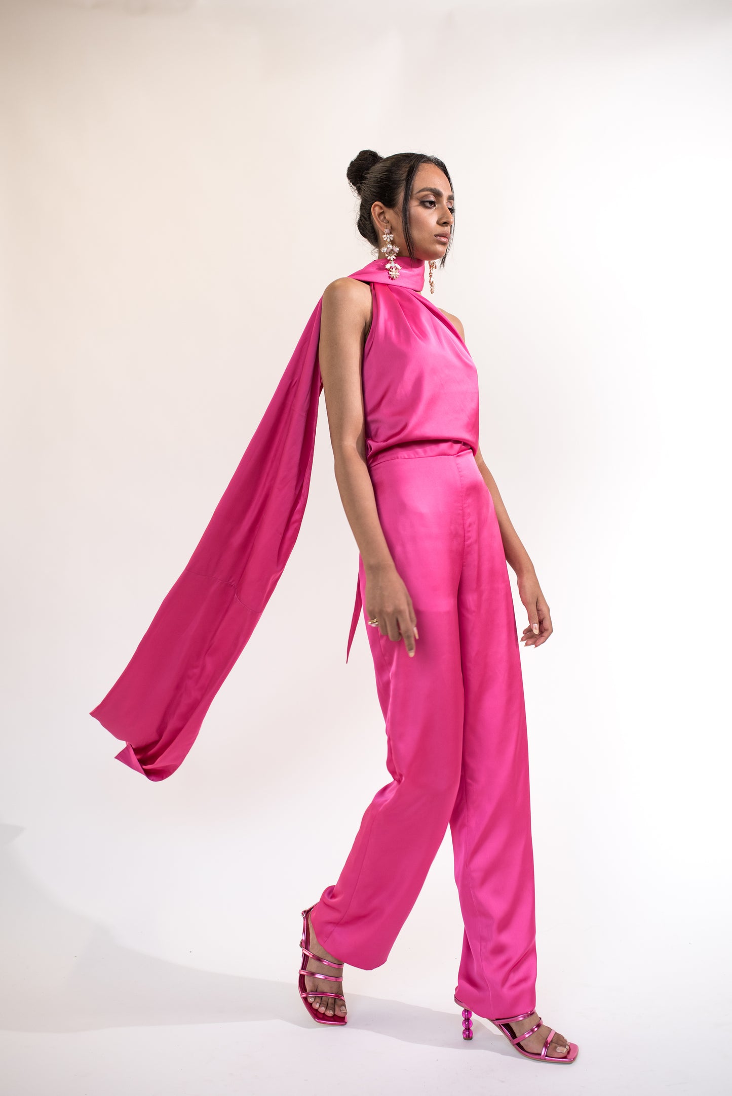 Scarf detail backless satin jumpsuit