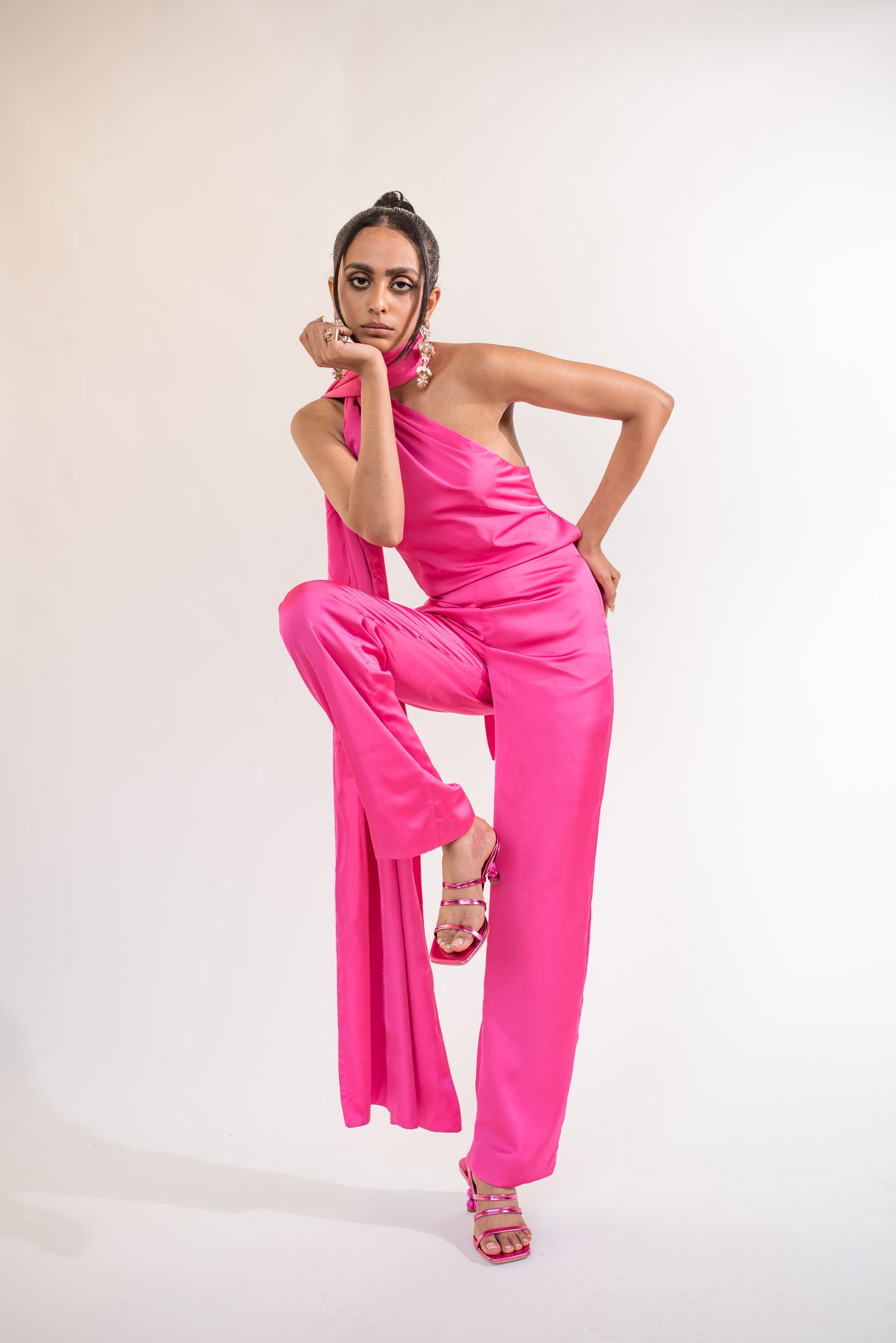 Scarf detail backless satin jumpsuit