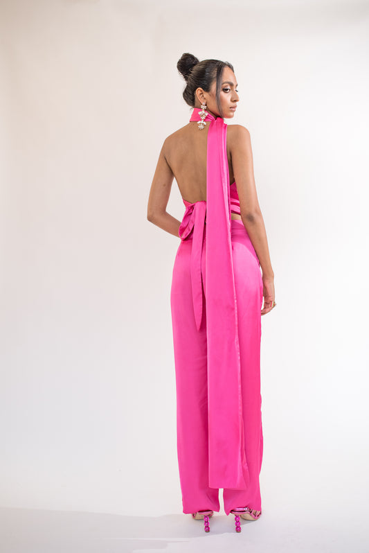 Scarf detail backless satin jumpsuit