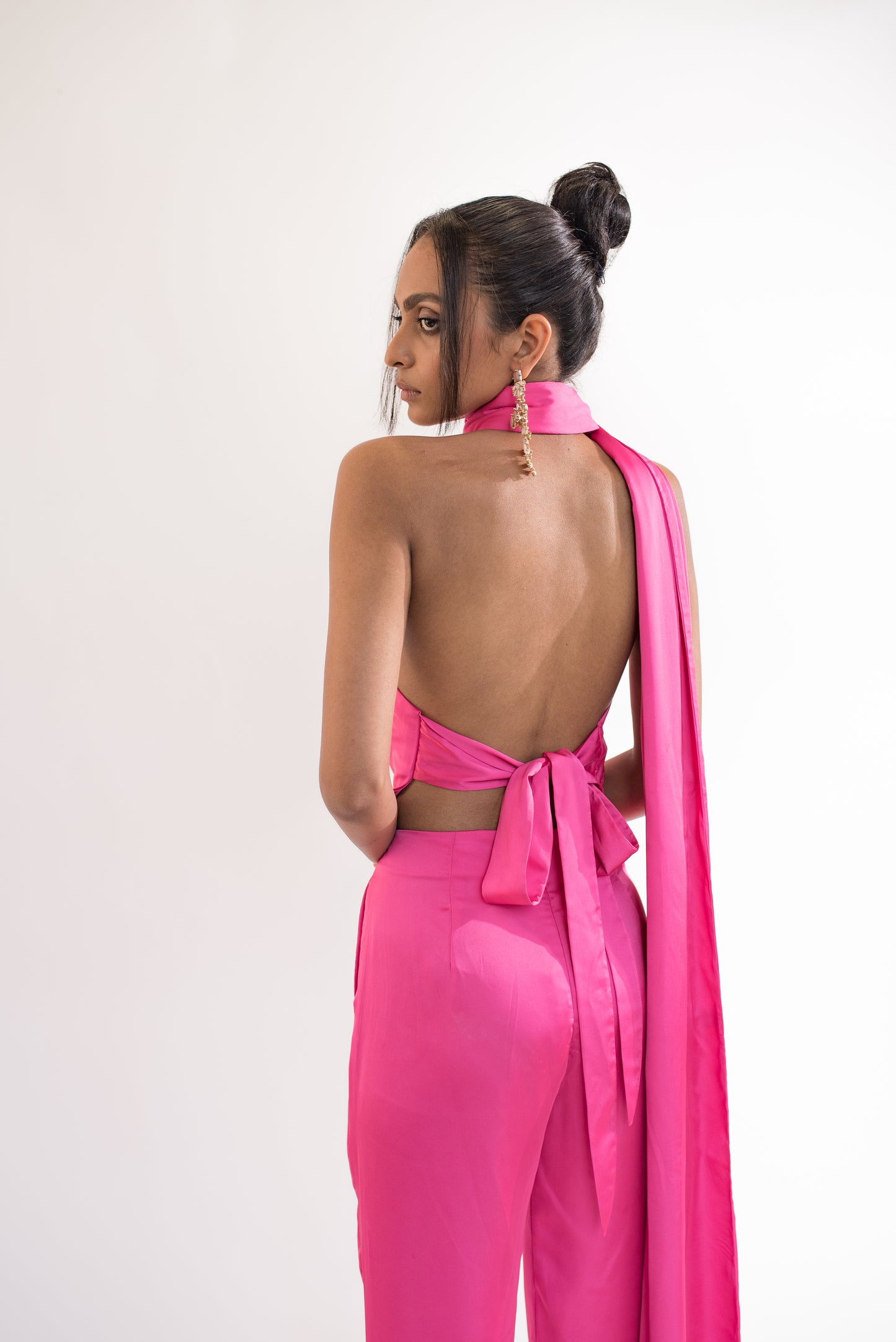 Scarf detail backless satin jumpsuit