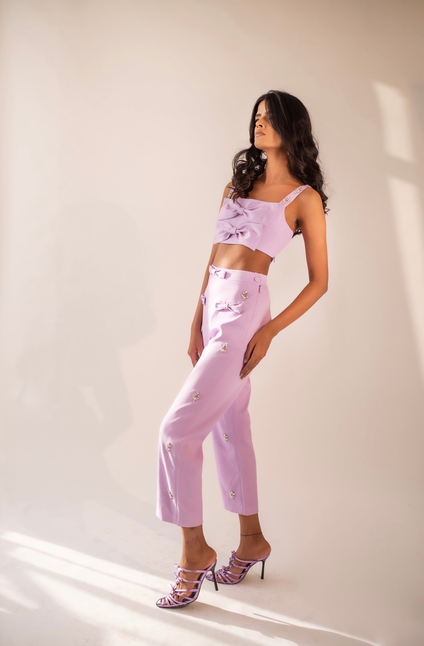 Hand-embellished high-waist trousers with bows