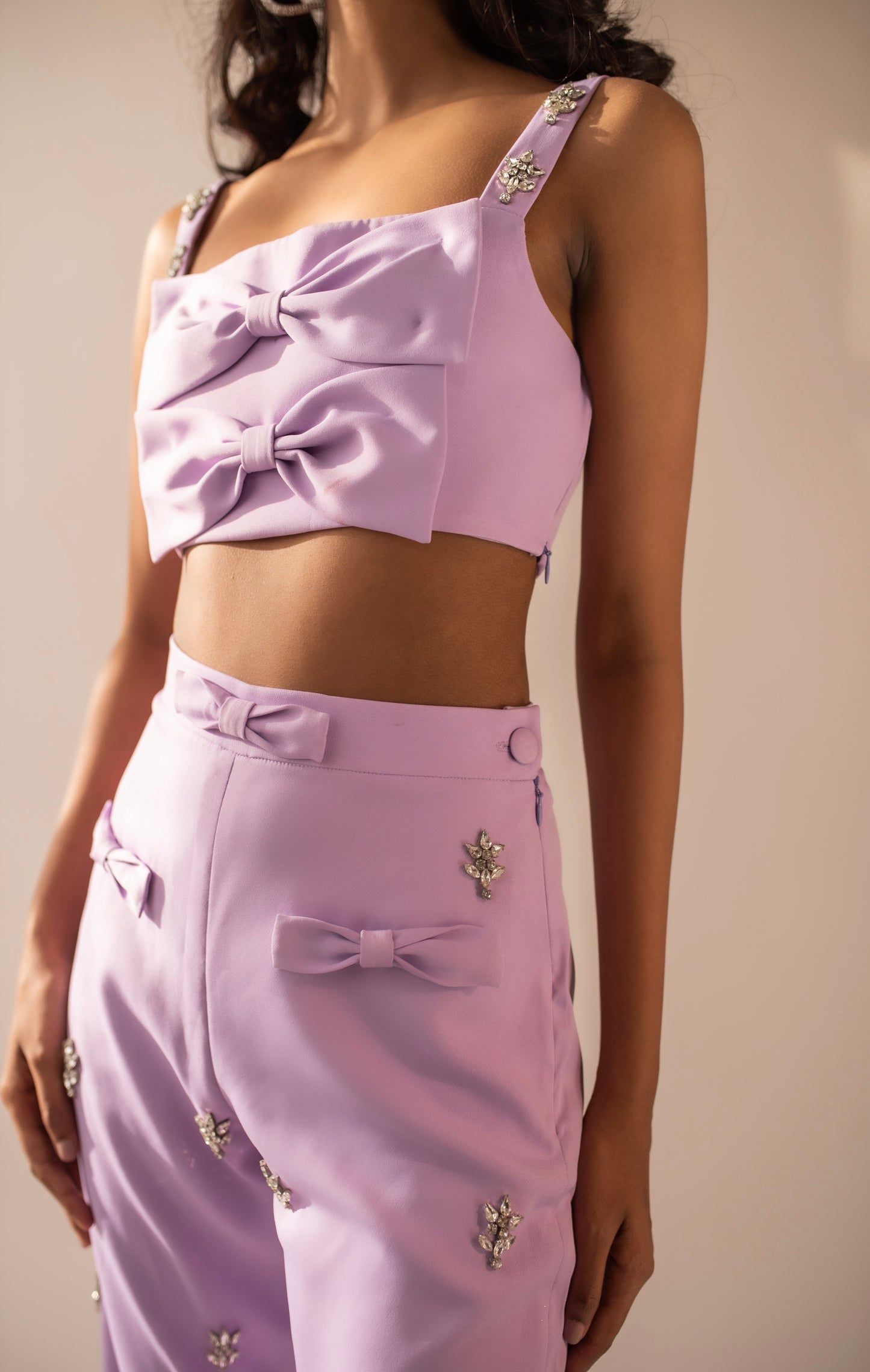 Hand-embellished high-waist trousers with bows