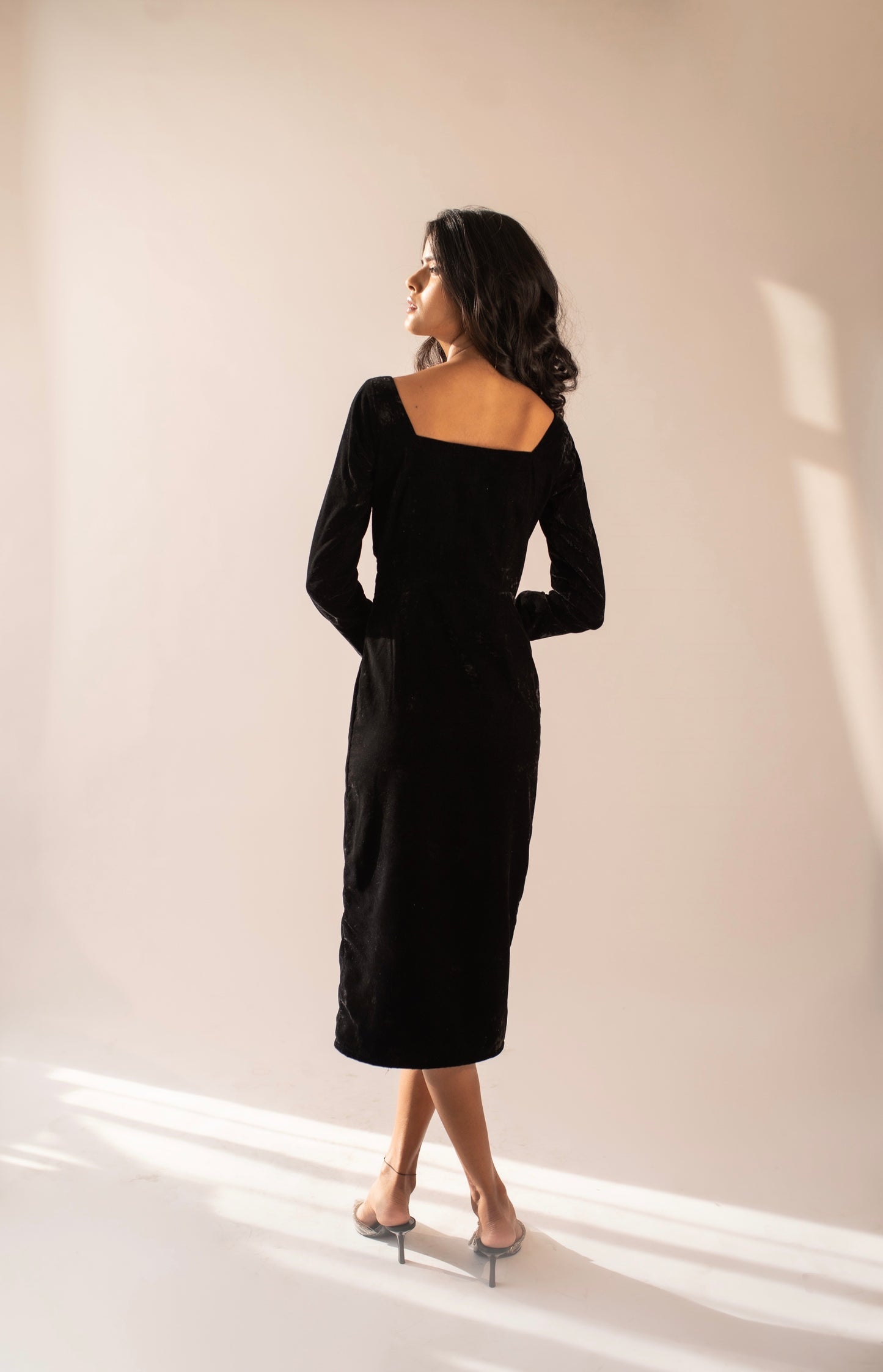 Hand-embellished full-sleeved velvet midi dress
