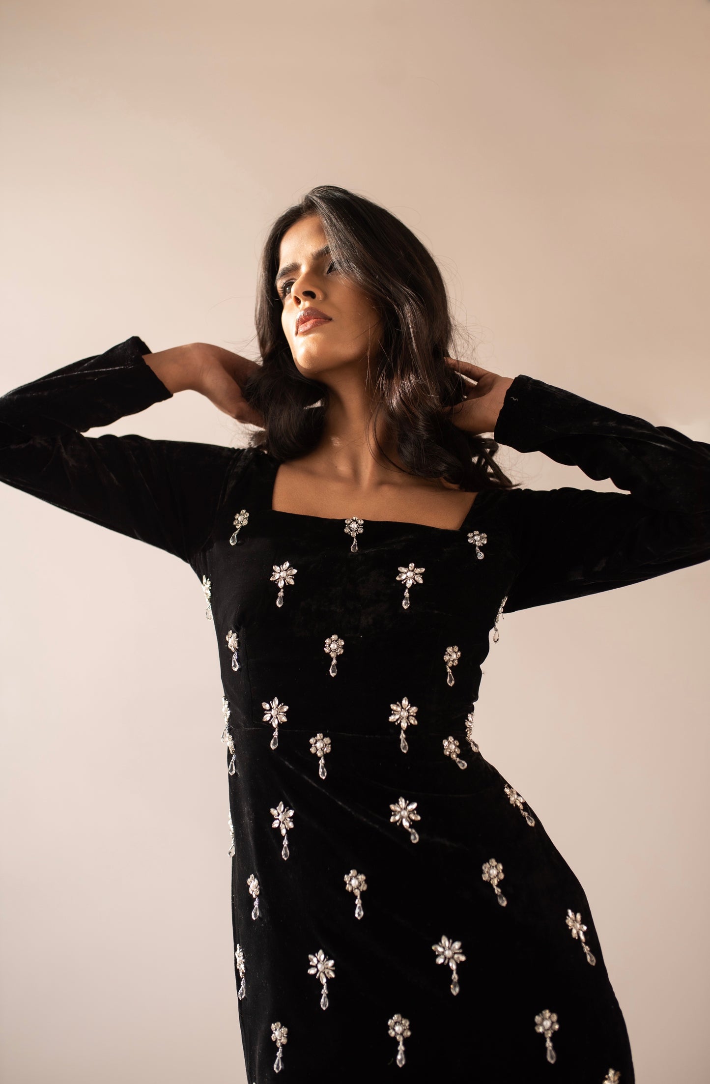 Hand-embellished full-sleeved velvet midi dress