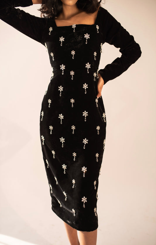 Hand-embellished full-sleeved velvet midi dress