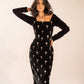 Hand-embellished full-sleeved velvet midi dress