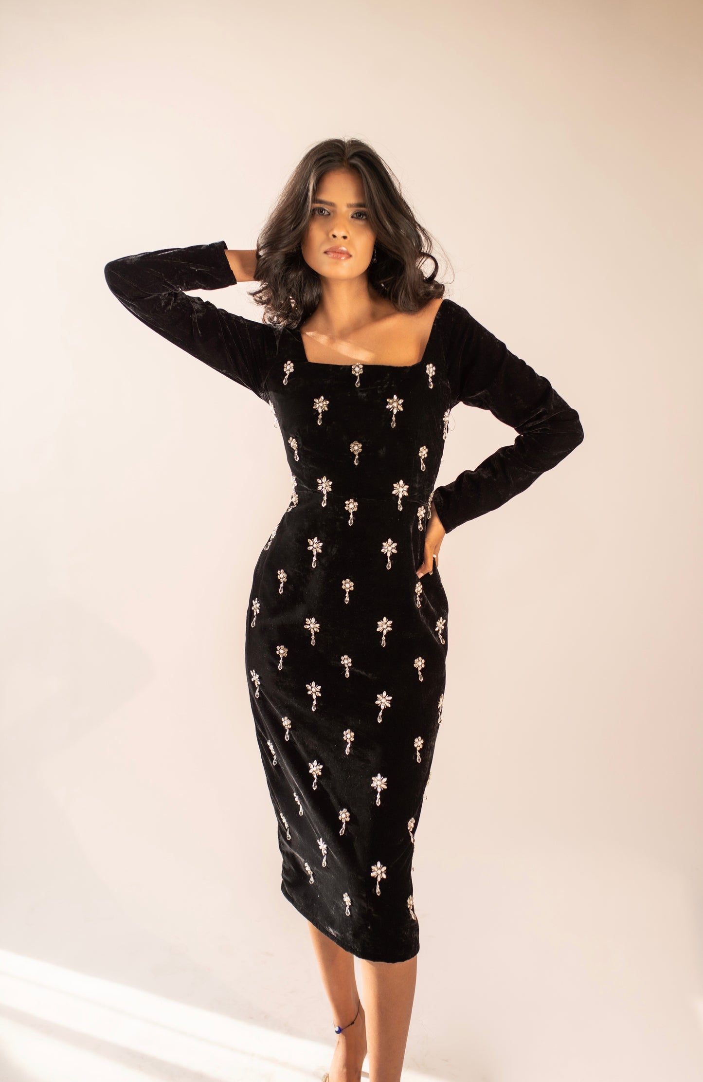 Hand-embellished full-sleeved velvet midi dress