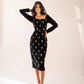 Hand-embellished full-sleeved velvet midi dress