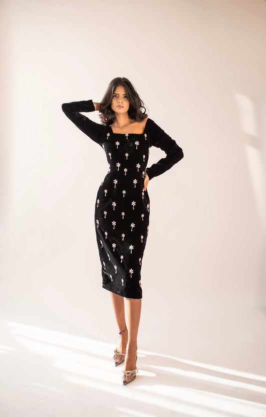 Hand-embellished full-sleeved velvet midi dress