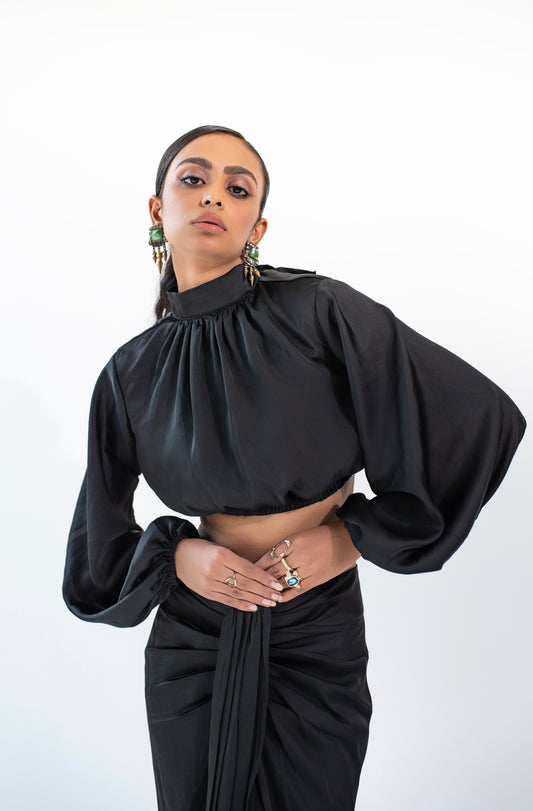 High-neck cropped satin blouse