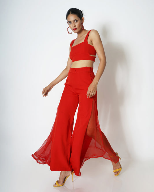 High-waisted flared trousers with organza detail