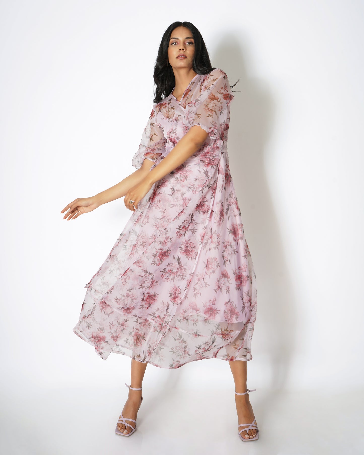 Printed organza wrap dress with camisole