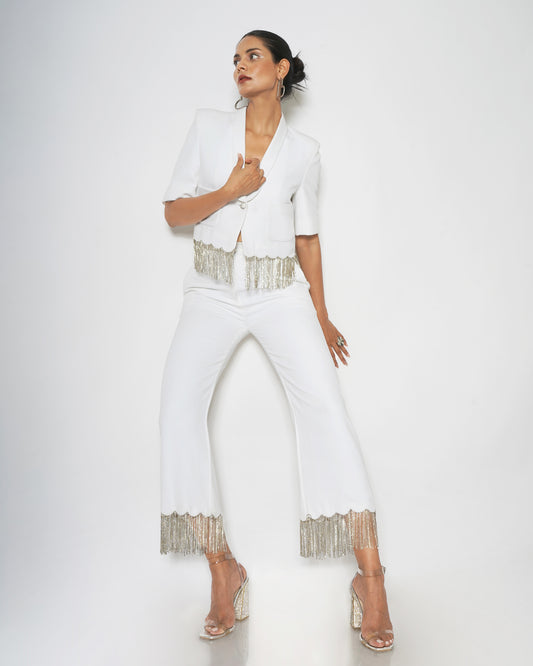High-waisted trousers with rhinestone chain detail