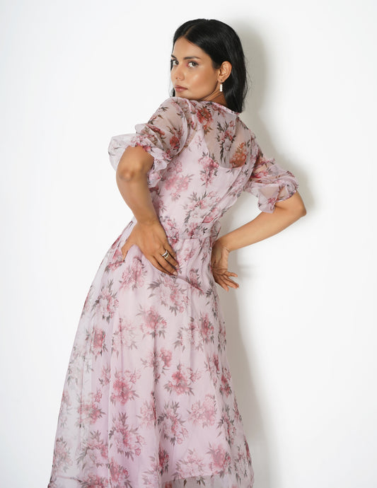 Printed organza wrap dress with camisole